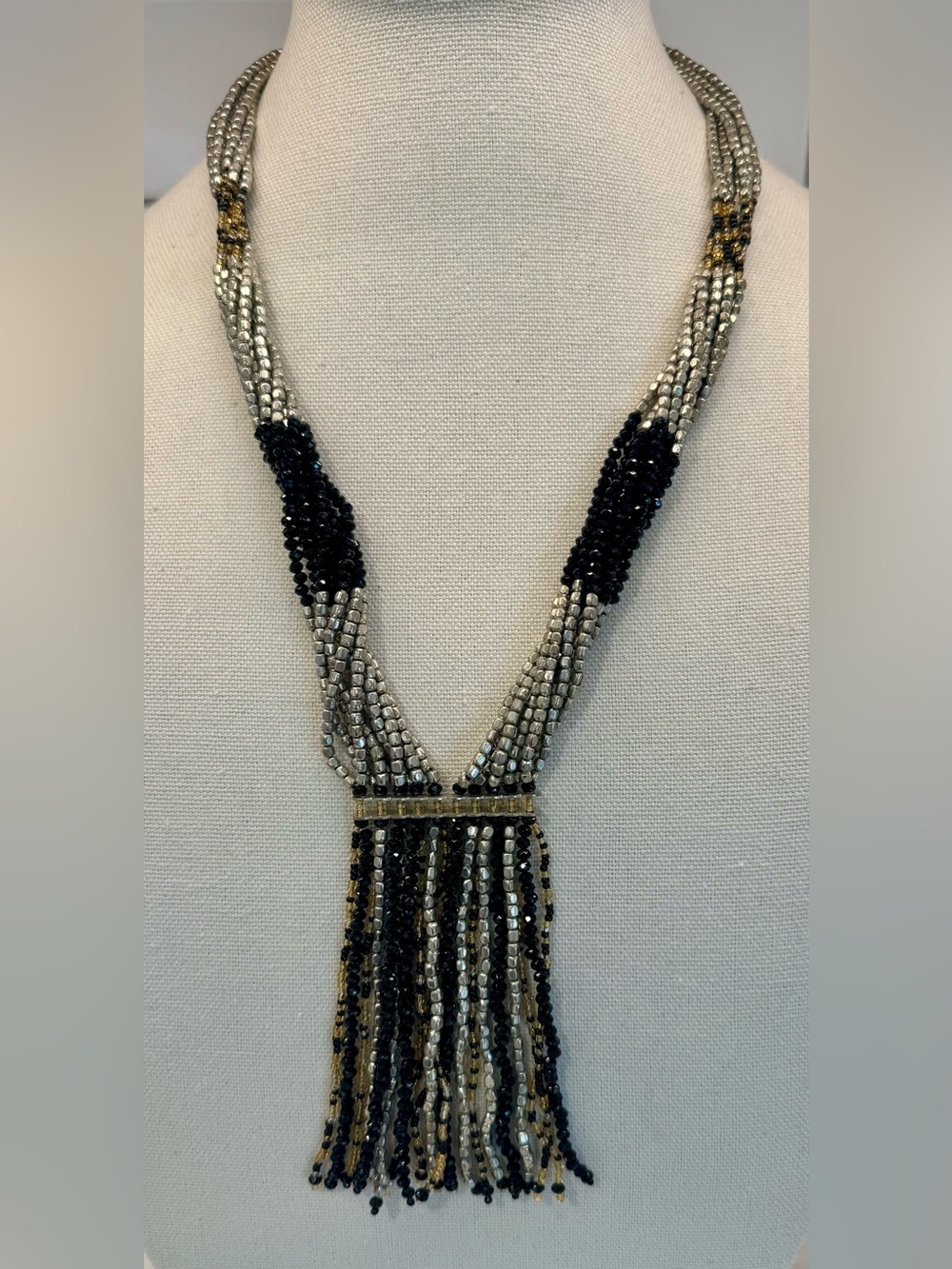 📿 Himalayan Gems Handmade Black Silver Beaded Multi Strand Tassel Necklace